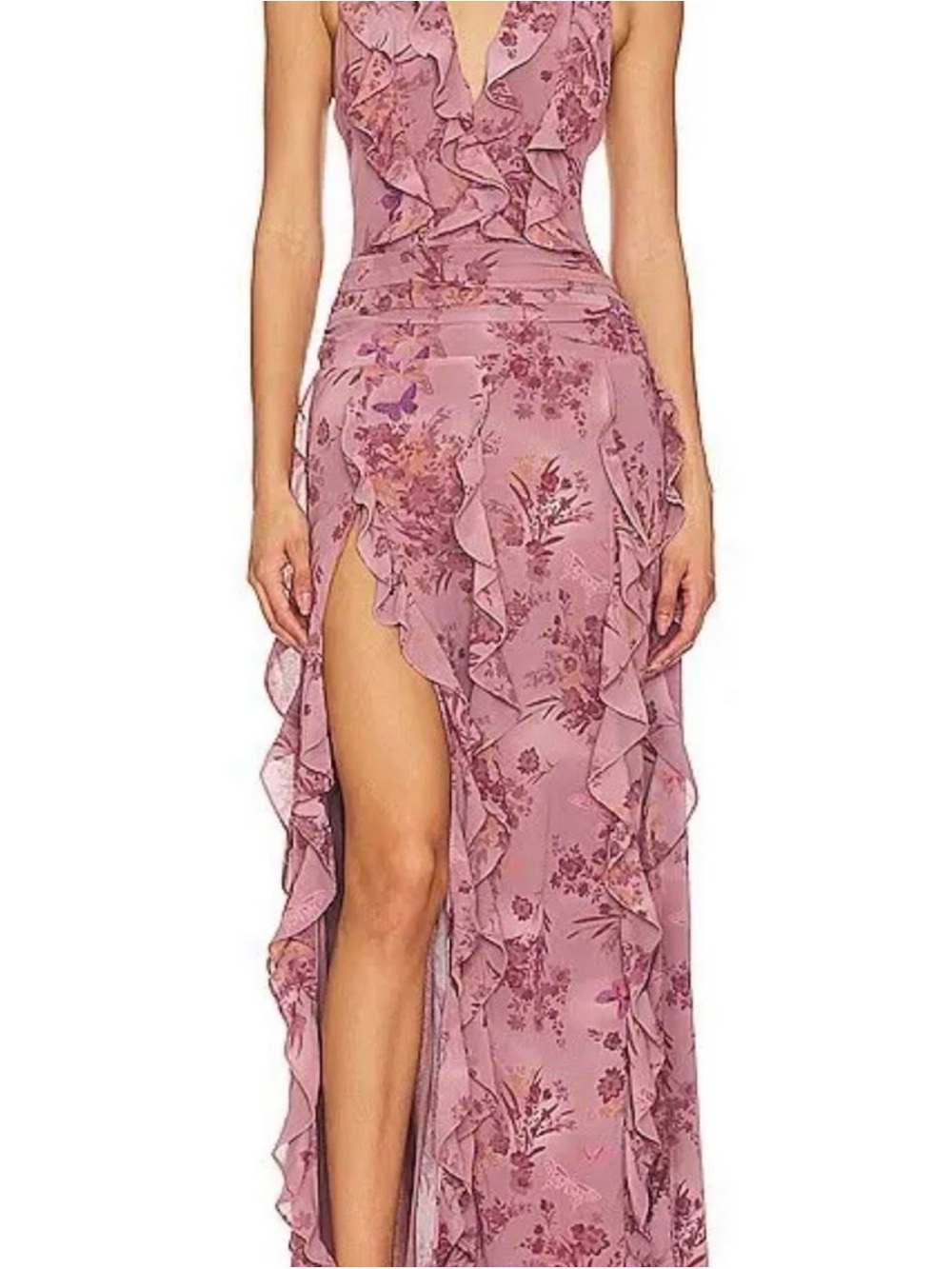 NBD Dusty Rose Floral Ruffle High-Low Maxi Dress